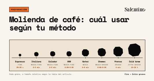 Escala de molienda de café por método, de fina a extra gruesa: espresso, italiana, colador, V60, goteo, Chemex, prensa francesa y cold brew, con sus tiempos